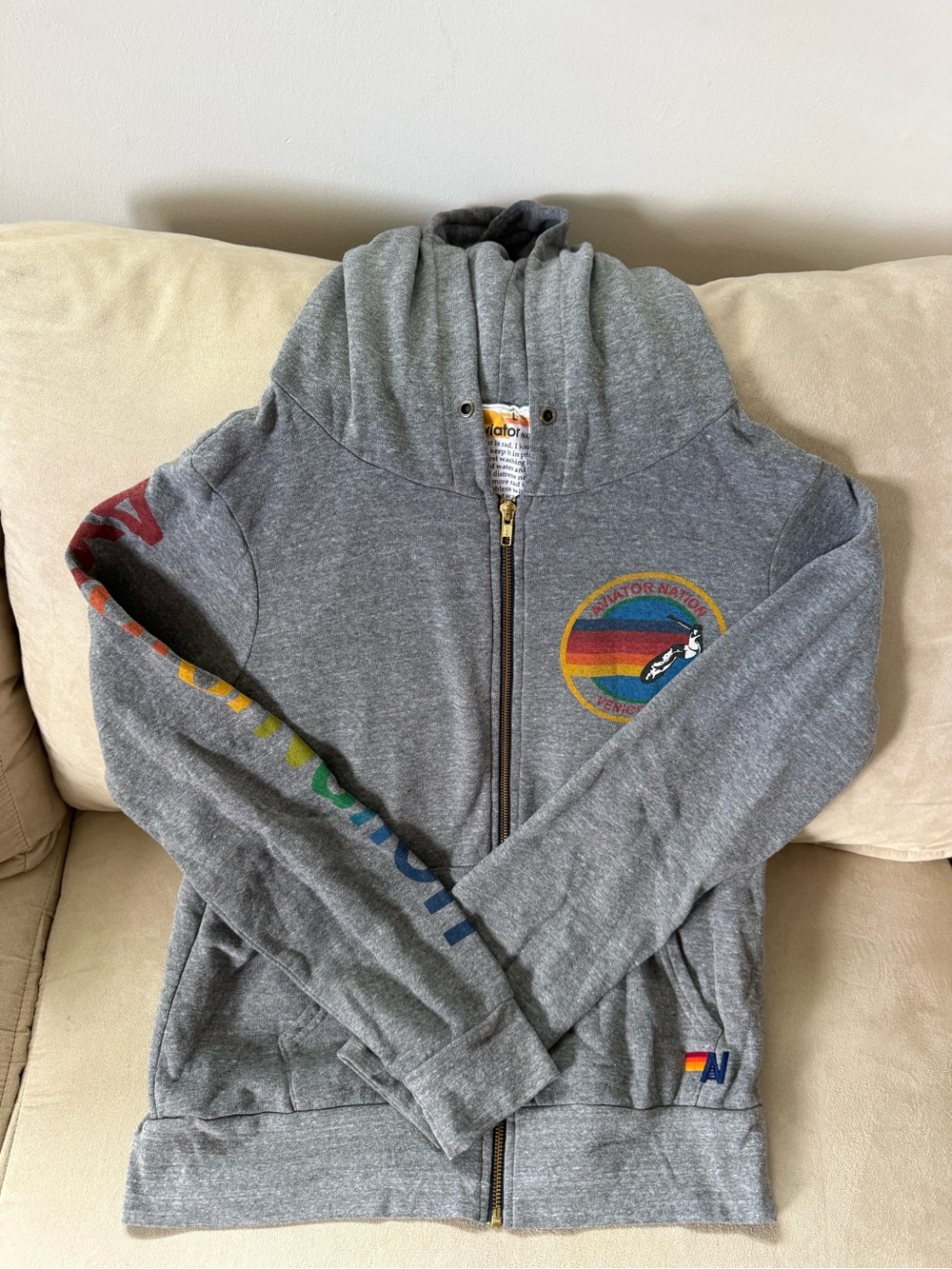 Aviator Nation Gray Zip Hoodie with Rainbow Chest Patch and Sleeve Print
